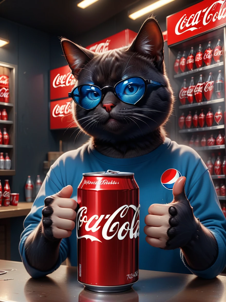 (junkotvvxl orejas de gato, ojos rojos),((orejas de gato)), Masterpiece, high quality, 8k, ultra detailed, detailed face, huge breast, junkotvvxl presenting a choice of two drinks resting on his hands with open palms, can of coca-cola, can of pepsi, junkotvvxl, The Matrix, Reflective glasses, heart emoji underneath the coca-cola, dark blue thumbs up emoji below the can of pepsi, 8K HDR, Studio quality, Cinematic, intense, dramatic,