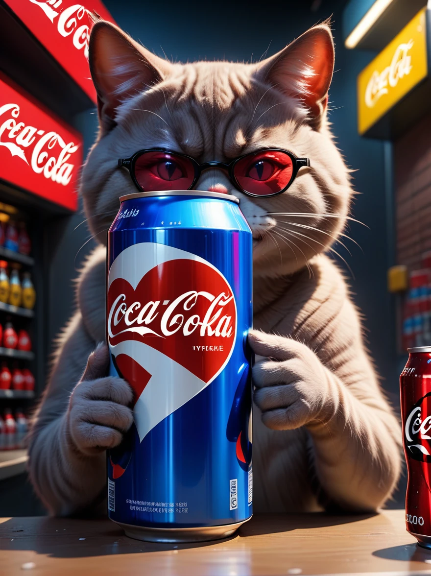 (junkotvvxl orejas de gato, ojos rojos),((orejas de gato)), Masterpiece, high quality, 8k, ultra detailed, detailed face, huge breast, junkotvvxl presenting a choice of two drinks resting on his hands with open palms, can of coca-cola, can of pepsi, junkotvvxl, The Matrix, Reflective glasses, heart emoji underneath the coca-cola, dark blue thumbs up emoji below the can of pepsi, 8K HDR, Studio quality, Cinematic, intense, dramatic,