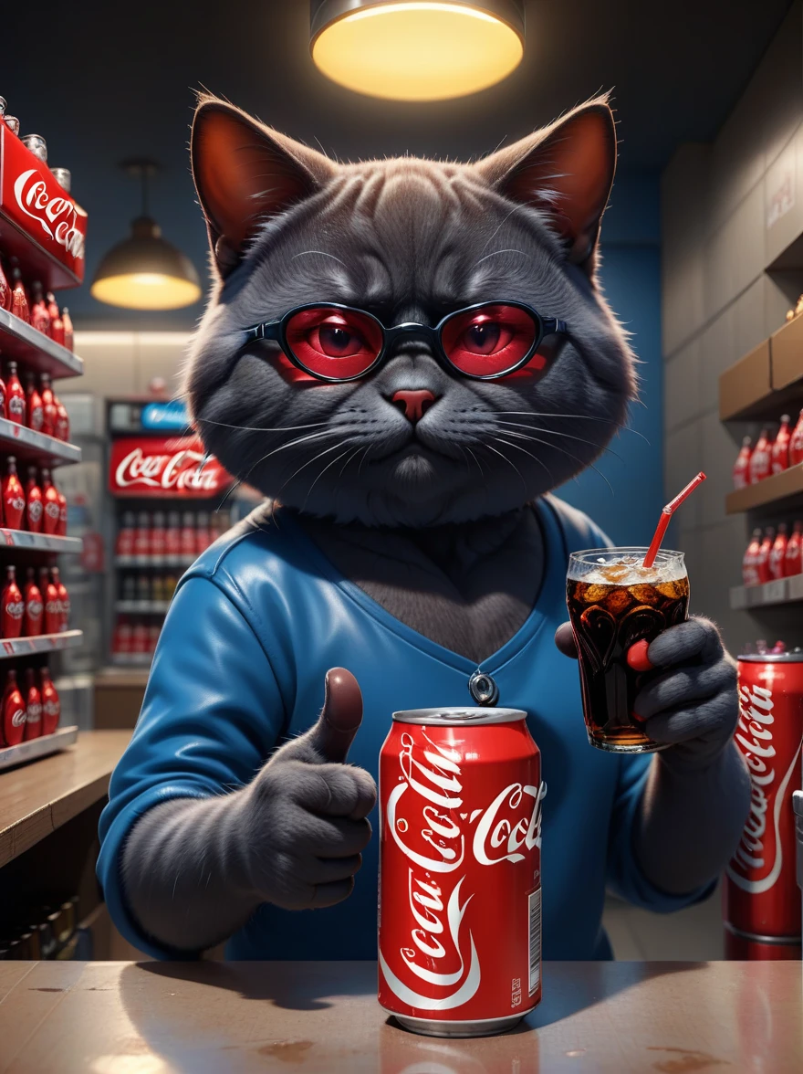 (junkotvvxl orejas de gato, ojos rojos),((orejas de gato)), Masterpiece, high quality, 8k, ultra detailed, detailed face, huge breast, junkotvvxl presenting a choice of two drinks resting on his hands with open palms, can of coca-cola, can of pepsi, junkotvvxl, The Matrix, Reflective glasses, heart emoji underneath the coca-cola, dark blue thumbs up emoji below the can of pepsi, 8K HDR, Studio quality, Cinematic, intense, dramatic,