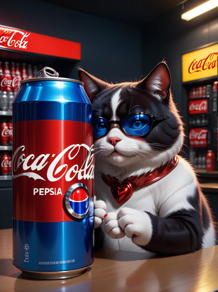 (junkotvvxl orejas de gato, ojos rojos),((orejas de gato)), Masterpiece, high quality, 8k, ultra detailed, detailed face, huge breast, junkotvvxl presenting a choice of two drinks resting on his hands with open palms, can of coca-cola, can of pepsi, junkotvvxl, The Matrix, Reflective glasses, heart emoji underneath the coca-cola, dark blue thumbs up emoji below the can of pepsi, 8K HDR, Studio quality, Cinematic, intense, dramatic,