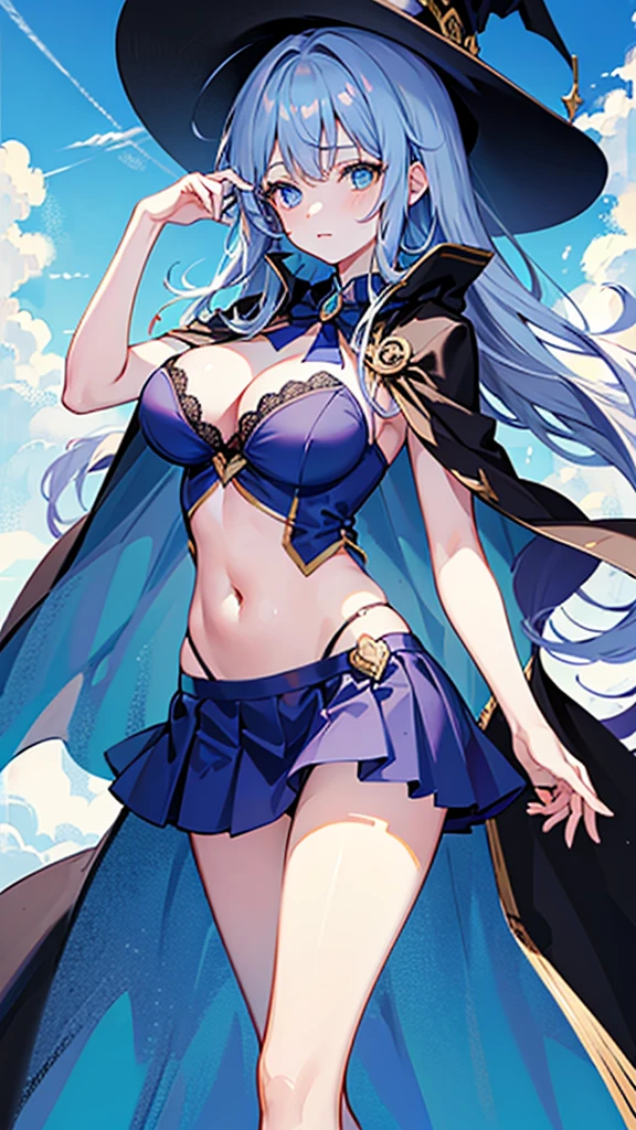 Very cute magician girl，(Large Breasts)，Magic Hat，Perfect body，(Sky blue long hair)，(Deep blue eyes)，High Detail，high quality，(Blue cape)，(Navel:1.5)，(Exposing breasts:1)，(Black lace underwear)，Short dark blue skirt，Shy