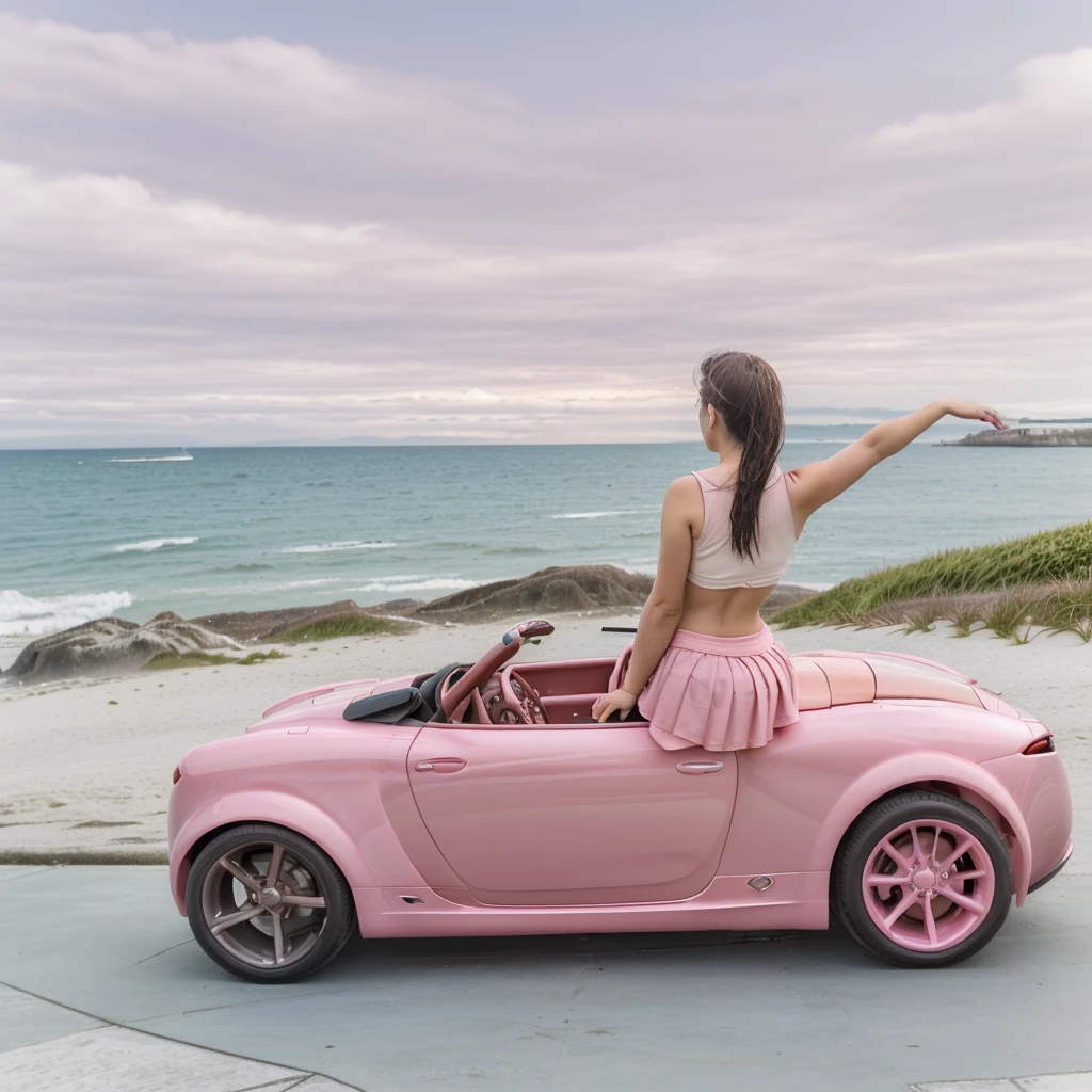 in a short pink dress sitting on a car seat on a white background