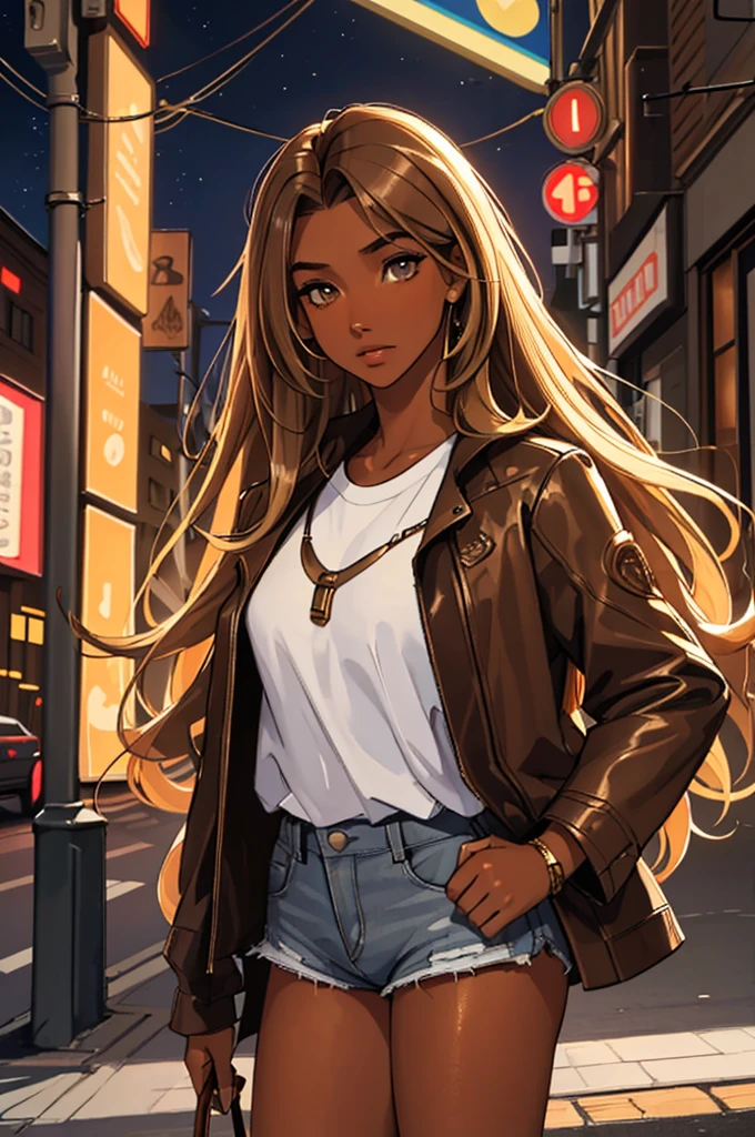 (best quality: 1.2), clean face, (masterpiece: 1.2, 8k)(PureErosFace_V1: 0.7), perfect anatomy, 1girl,a beautiful fashion model ,(masterpiece, official art, best quality) (hazel eyes) ,long and shiny hair, brown hair with blonde streaks in hair, long hair, full lips, upturned nose ((((tan skin, bronze skin, 1.3)))), big , lifstrangerachel looking at viewer, revealing outfit, absurdity, intricate details, city, dimanic pose, night, neon signs, cinematic lighting, (highly detailed skin: 1.2), wearing
 short shorts and a loose white shirt