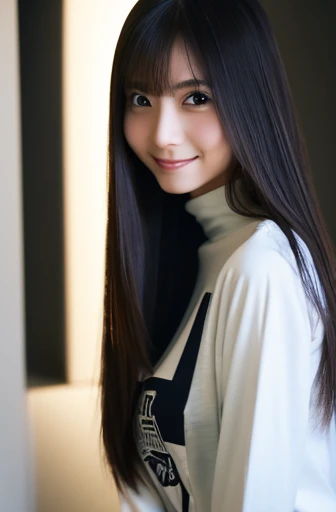 Skinny Japanese woman, Long silky straight hair, wear (Long sleeve T-shirt:1.3), Standing in a dark room. The walls are painted a soft white. Realistic, Realistic, high quality, Raw photo, Detailed Background, Very detailed, Sharp focus, High resolution, 8K, 超High resolution, Digital SLR, Realistic eyes, Perfect Eyes,Smiling a little