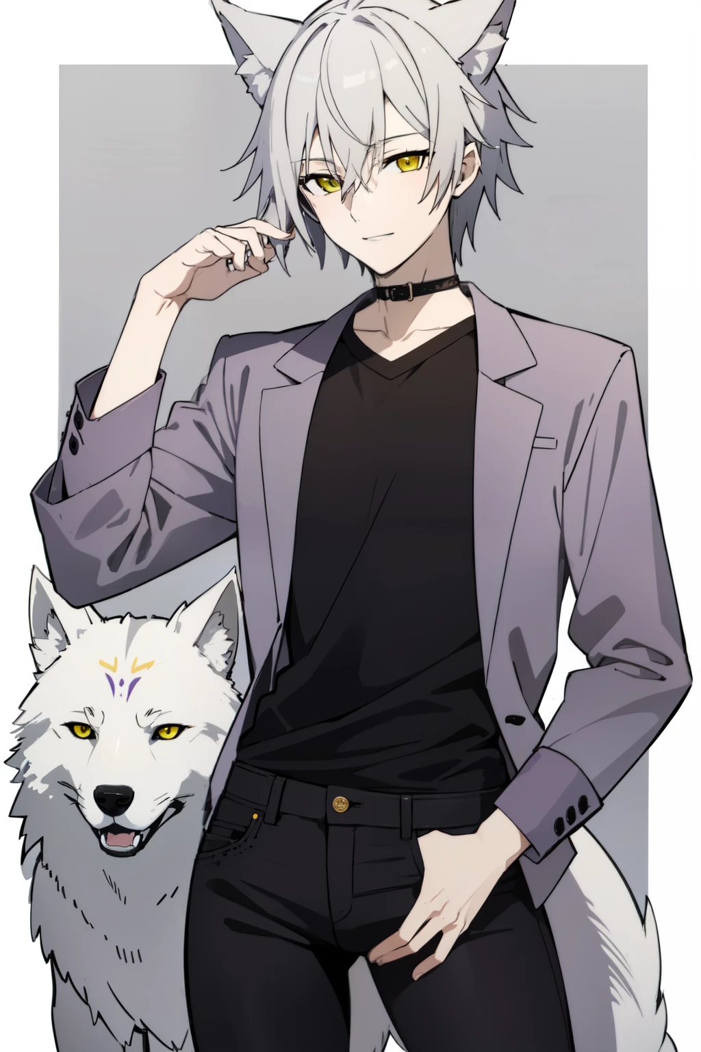 Cool guy,Beautiful youth, Silver Hair, Yellow Eyes, Wolf hair, Long, narrow eyes, Purple Shirt,Black damaged jeans, White Background, Dog Pose, Raise your shoulders, Flying black heart,high quality, Draw Amount, Pixiv illustration
