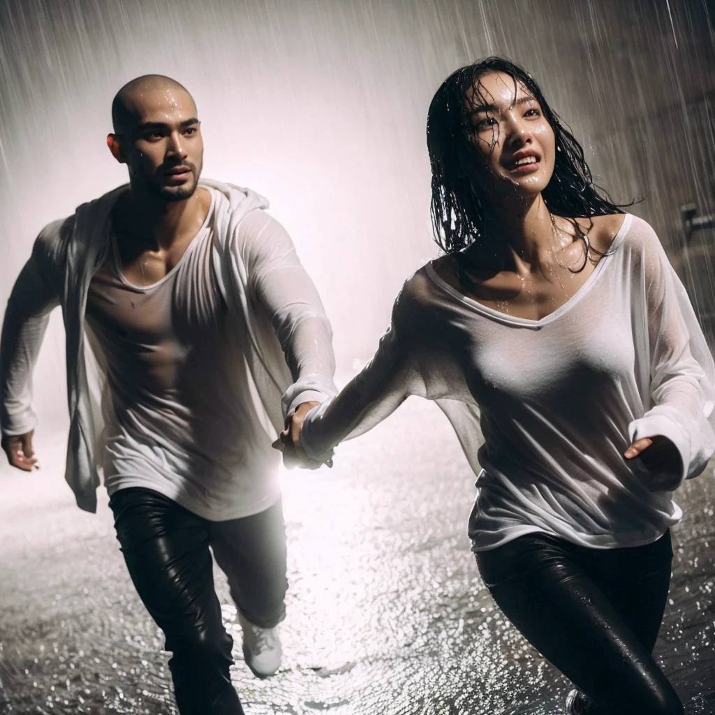 Wide shoot, full shoot, Best picture quality, ultra high resolution, (fidelity :1.4), photo, korean couple, there is man is running in front and pull the hand  the woman behind him,(happyness), white shirt black hoodie, Dim, gust wind, dark, (afternoon), (Wet clothes:1.4), looking the camera, perfect faces, bare shoulders, Real rain, wet hair, cinematic, god rays, ray tracing, reflection light, Expressionism, Realism, masterpiece, highres, 16k, textured skin, anatomically correct