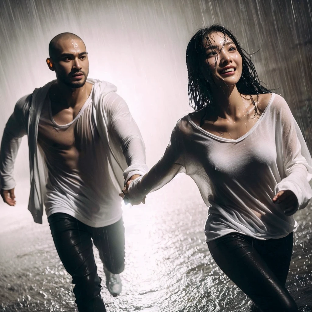 Wide shoot, full shoot, Best picture quality, ultra high resolution, (fidelity :1.4), photo, korean couple, there is man is running in front and pull the hand  the woman behind him,(happyness), white shirt black hoodie, Dim, gust wind, dark, (afternoon), (Wet clothes:1.4), looking the camera, perfect faces, bare shoulders, Real rain, wet hair, cinematic, god rays, ray tracing, reflection light, Expressionism, Realism, masterpiece, highres, 16k, textured skin, anatomically correct