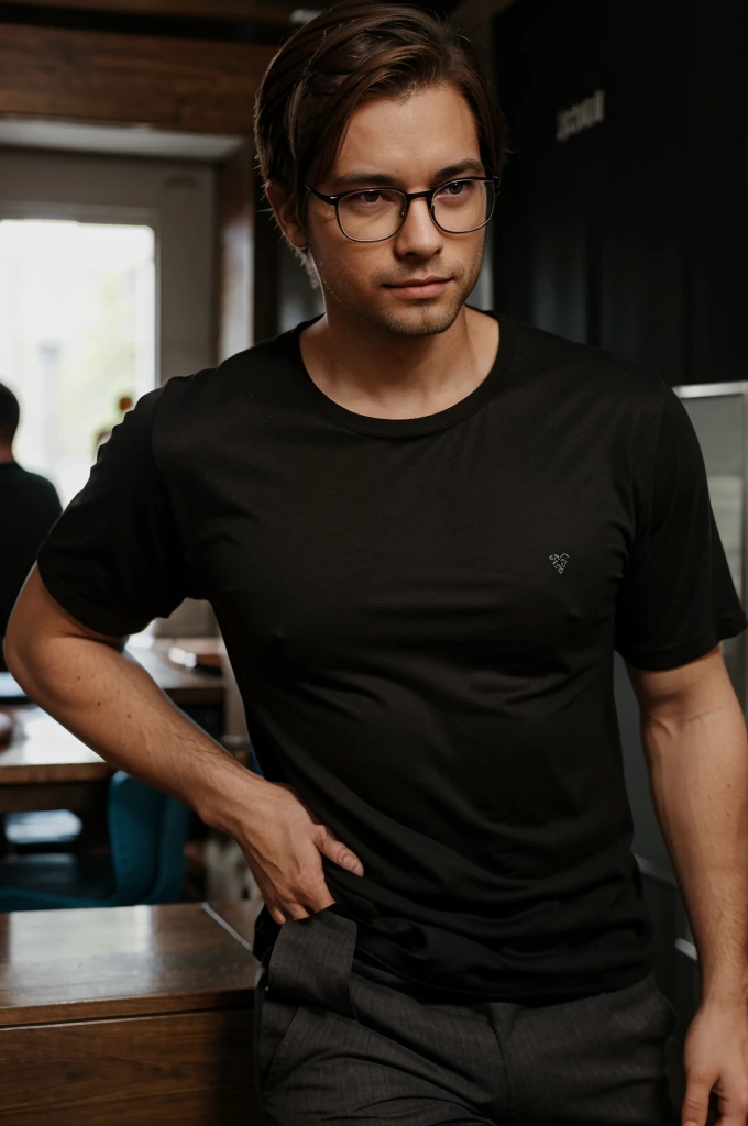 A guy wearing glasses and brown hair wearing a black shirt and black pants