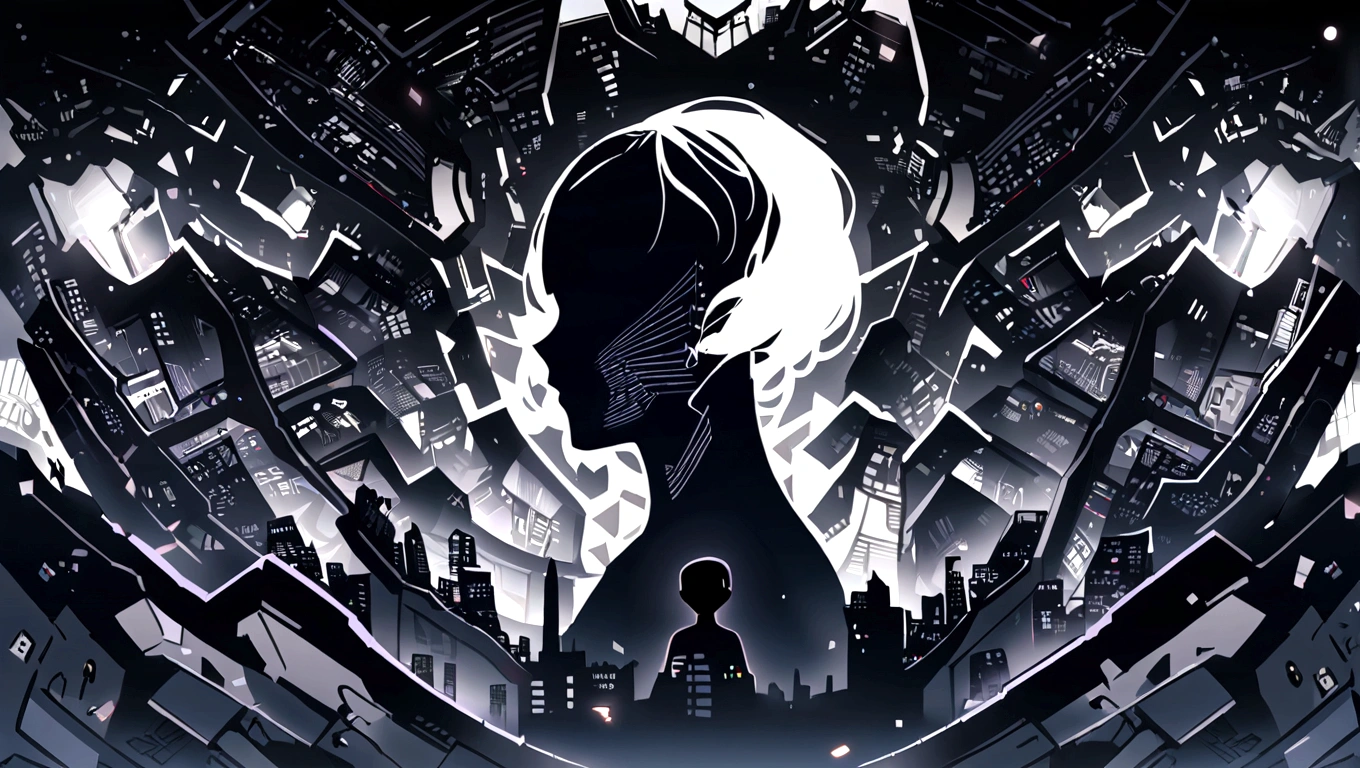dark blue hero page ui ux theme website, dark blue and white (mostly dark blue) theme, robotic city black and white silhouette, mouth drawing anatomy silhouette