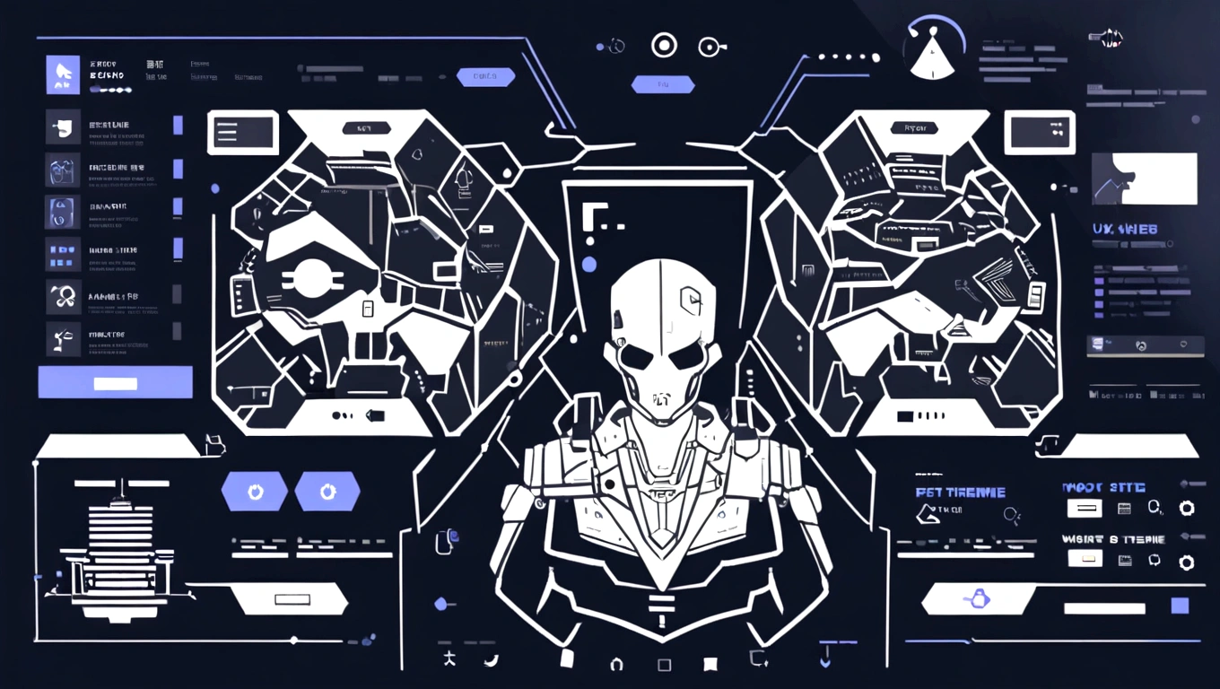dark blue hero page ui ux theme website, dark blue and white (mostly dark blue) theme, robotic city black and white silhouette, mouth drawing anatomy silhouette
