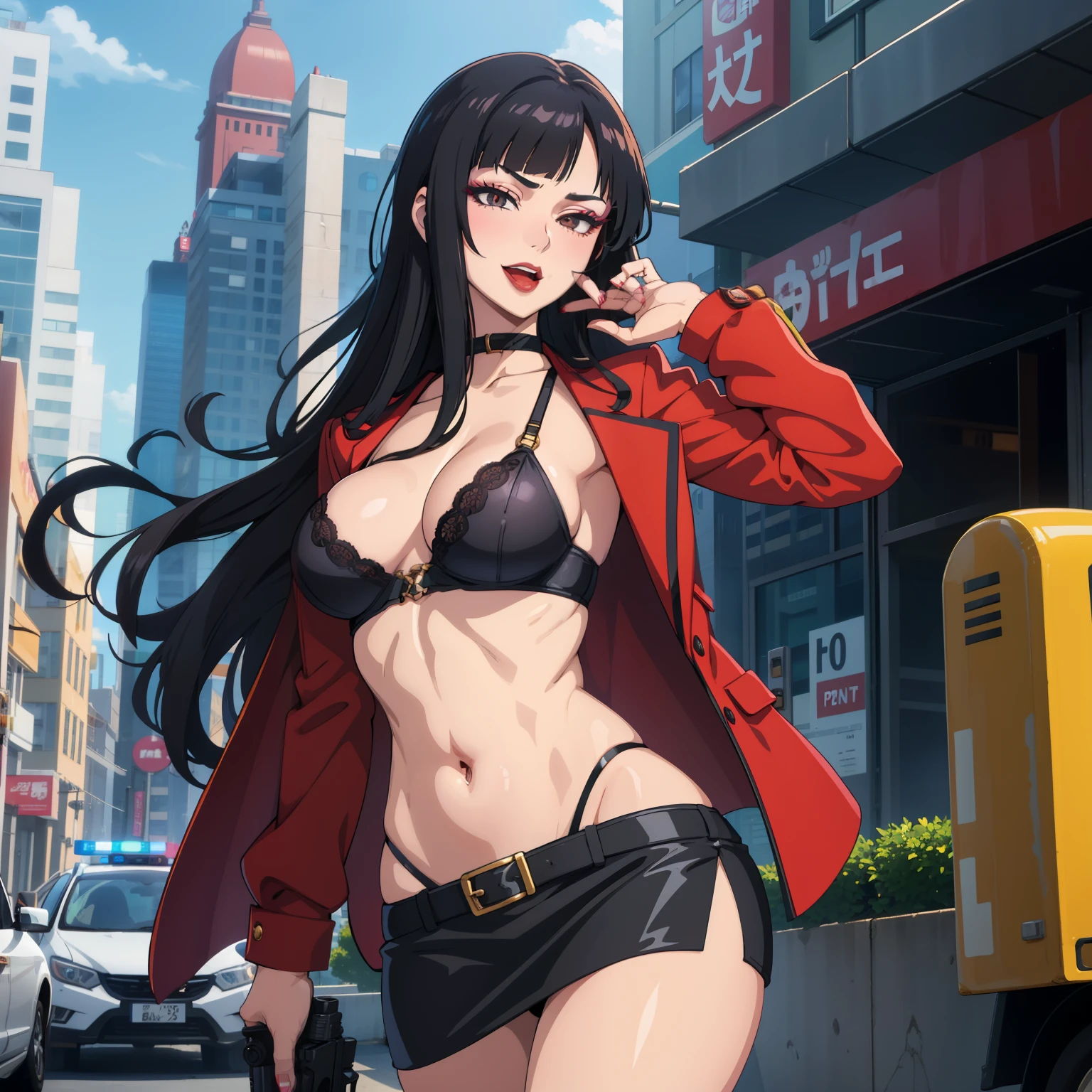2girl, two girl , makeup, lipstick, red lipstick, ,long hair, mature female, makeup, eyelashes, blush, lipstick, large breast, masterpiece, best quality, highly detailed, a girls with a gun, open mouth, blazer, sexy gaze, (nsfw) not
safe for work, badass pose , evil smile, smile, black bra, anime girl with long hair, long haired girl,
navel, evil expression, exposed belly, exposed navel, exposed midriff, exposed lower belly, micro
miniskirt, micro pencil skirt, pencil skirt ,holding a gun , outdoor,street,road, next to police car, cityscape, building, navel piercing