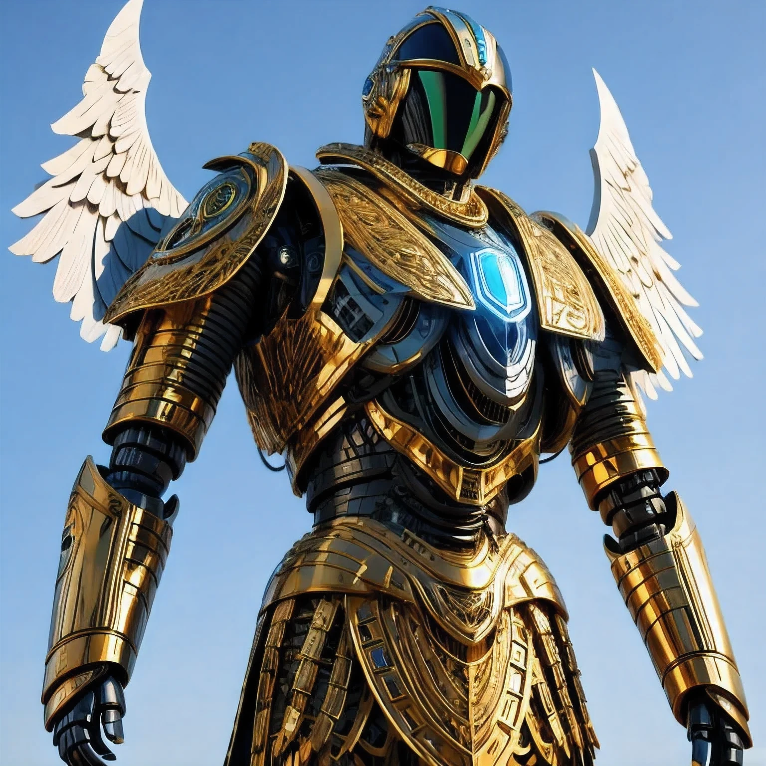 Close-up of a robot with a large head and body, Highly detailed toys, Super detailed fantasy characters, Egyptian Robot Armor, Crow in cyber armor, detailed cosmic angelic robot, detailed humanoid, Rendering in KeyShot, Rich in details，very clearly, Futuristic angels, Warrior in metal owl armor, Saudi Future Warrior Mech, Ultra-detailed 3D rendering