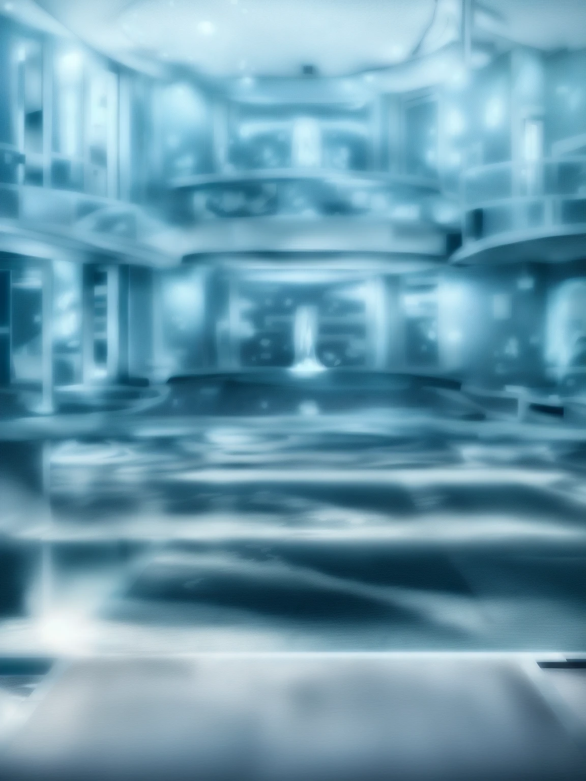 there is a large indoor pool with a waterfall in the middle, a pool inside the giant palace, Wellness pool, Dreampool Rooms, in a luxurious swimming pool, luxurious furnishings, indoor pool, Glass floor, futuristic setting, dream pool, aesthetics of border space, Wellness Spa and Meditation Center, Brightly lit blue room, water temple, Small wellness relaxation pool
