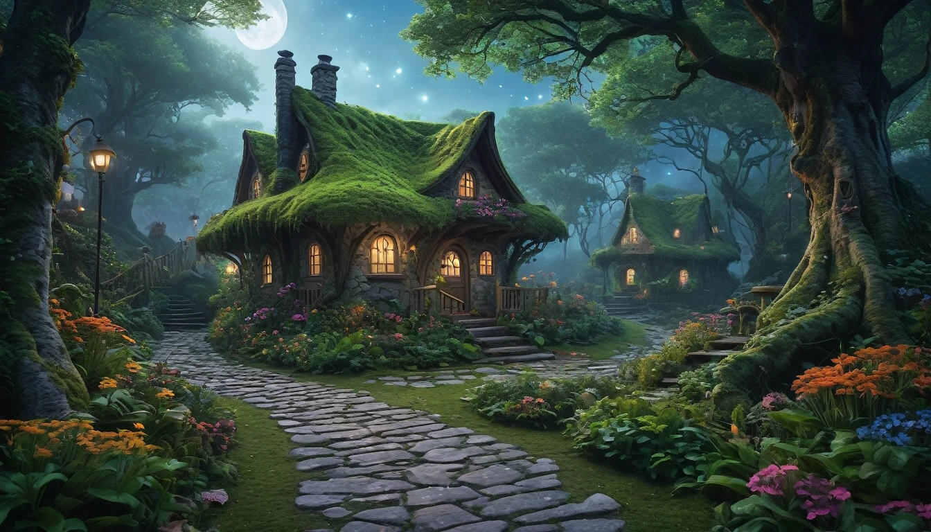 (best quality, 4k, 8k, highres, masterpiece:1.2), ultra-detailed, (realistic, photorealistic, photo-realistic:1.37), Cozy witch cottage deep in in the middle of a dense forest, Comes with a bouncing mushroom roof, whimsical treehouses, lush greenery, sparkling waterfalls, fairy lights, dainty flowers, serene atmosphere, fairy dust, ethereal beings, peaceful lakeside, cobblestone pathways, celestial stars, stunning architecture, mystical fog, harmonious colors, surreal ambiance, fairytale-like cottages, whispering winds, dream-like, imagination, tranquil haven, nocturnal magic, dense foliage, thick trees, overgrown vegetation, secluded, deep woods, night, overcast sky, thick clouds covering the sky. Surreal, 8K, bright colors, Clear and sharp images