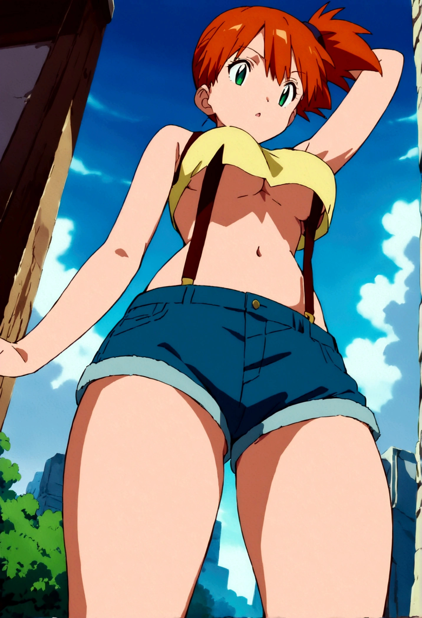score_9,score_8, score_7_.superior, (from below:1),low angle,(Insect's Eye)., (mature) , (outcome), One girl, , , Outdoor, Green Eyes, Orange Hair, Side Ponytail, Yellow Shirt, Sleeveless shirt,belly button, Denim shorts, suspenders, Captivating look, Seductive expressions),under_boob,(arms up,arms behind head,),great lighting, perfect hands, detailed shadows,anime artwork, anime style, key visual, vibrant, studio anime,
highly detailed, anime coloring, masterpiece, best quality,
best aestethic, absurdres,