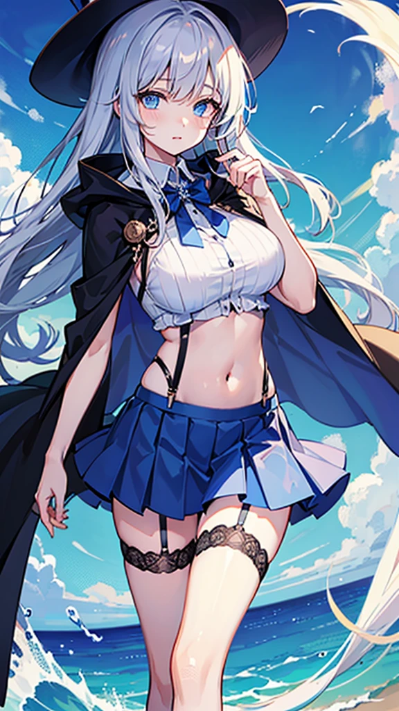 Very cute magician girl,(Large Breasts),Magic Hat,Perfect body,(Sky blue long hair),(Deep blue eyes),High Detail,high quality,(Blue cape),(Navel:1.5),(Exposing breasts:1),(Black lace underwear),Short dark blue skirt,Black suspender stockings,Shy