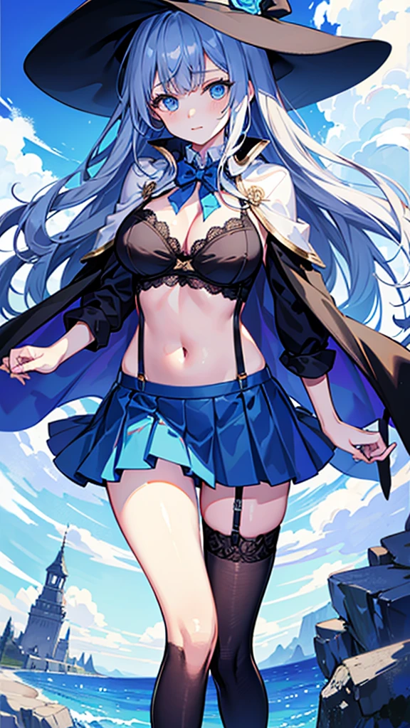 Very cute magician girl,(Large Breasts),Magic Hat,Perfect body,(Sky blue long hair),(Deep blue eyes),High Detail,high quality,(Blue cape),(Navel:1.5),(Exposing breasts:1),(Black lace underwear),Short dark blue skirt,Black suspender stockings,Shy