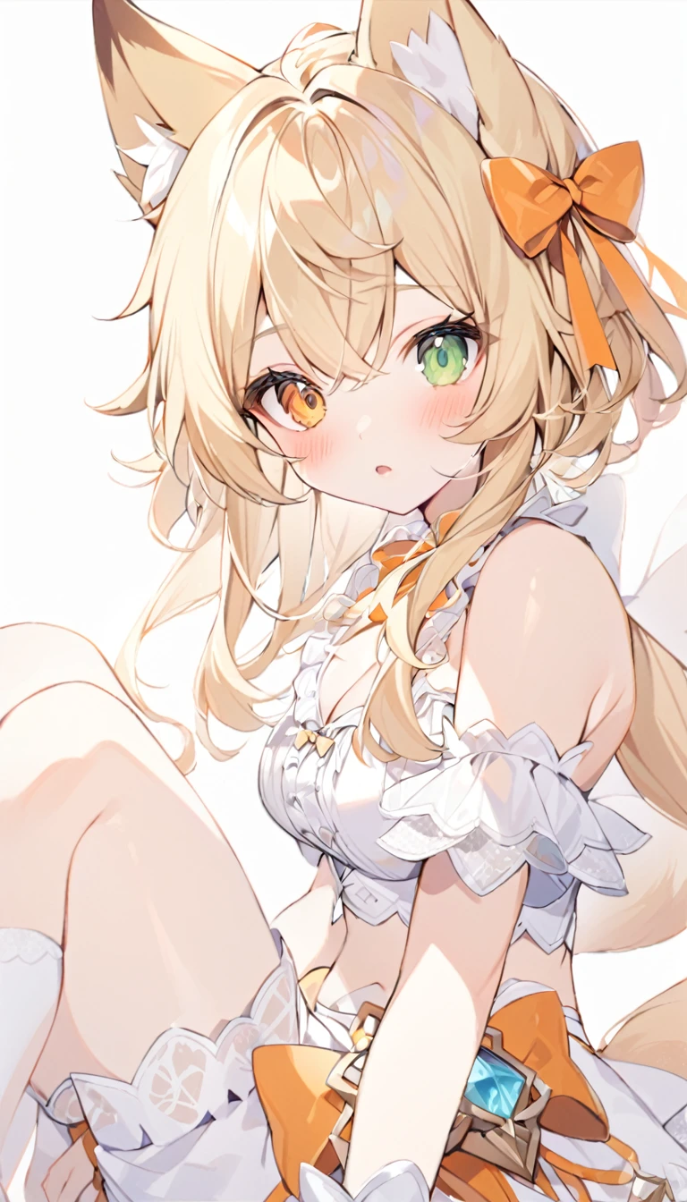 The fox girl,1girl, animal ears, bangs, bare shoulders, blonde hair, blush, bow, breasts, white cleavage, cropped torso, , green eyes, hair ribbon, heterochromia, , looking at viewer, open mouth, orange bow, orange eyes, orange ribbon, ribbon, solo, stuffed animal, , , upper body, full-length, white legbands, white shoes with lace and white bows, white background, wrist cuffs, yellow eyes, bloomers, close-up, fair skin frills, lace, midriff, skirt, solo, , white background,shorts, white top with ribbon and lace and trousers,trousers, genshin,white slippers with a bow,All clothes are white, laceAt full height, it stands