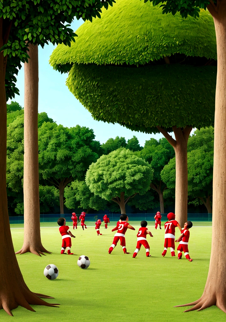 a football play ground, trees around the ground ,boys play football