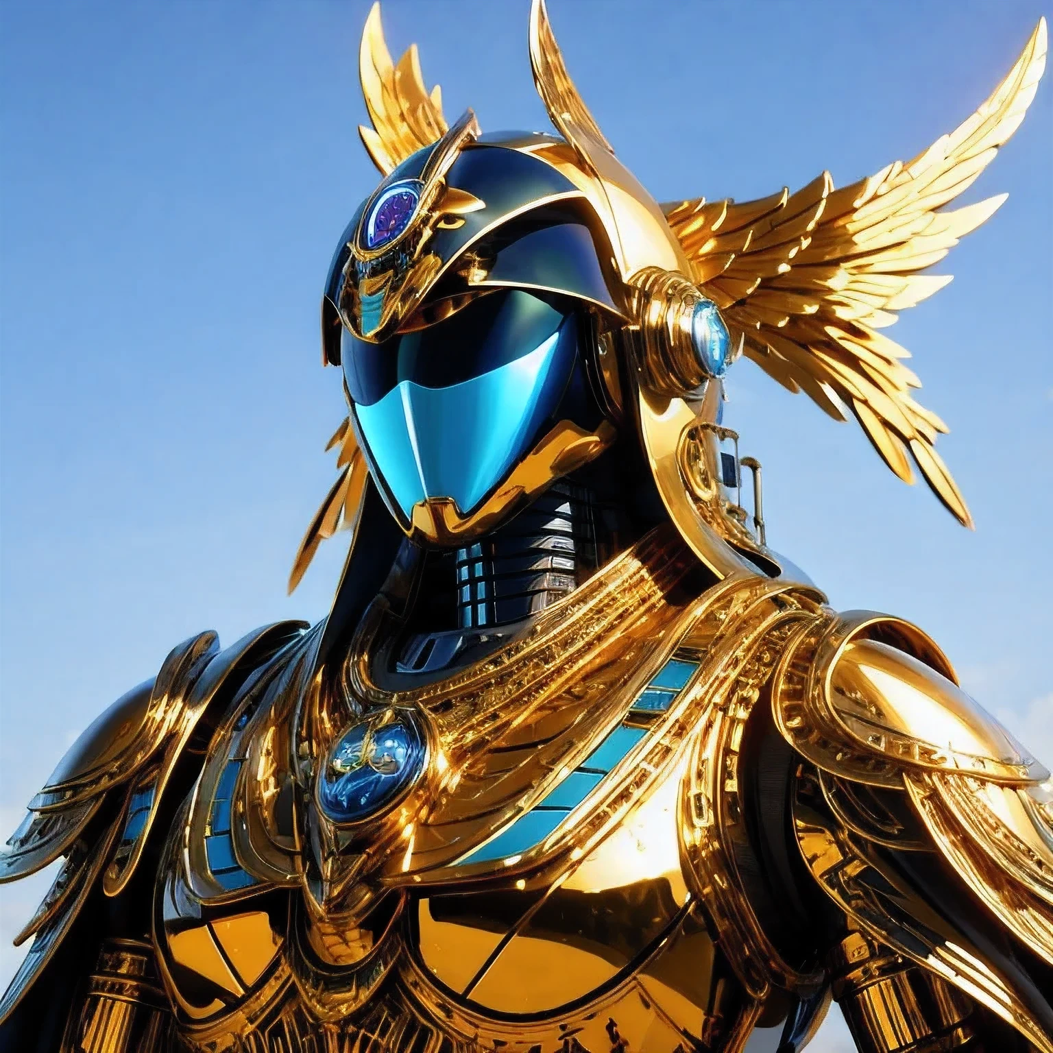 Close-up of a robot with a large head and body, Highly detailed toys, Super detailed fantasy characters, Egyptian Robot Armor, Crow in cyber armor, detailed cosmic angelic robot, detailed humanoid, Rendering in KeyShot, Rich in details，very clearly, Futuristic angels, Warrior in metal owl armor, Saudi Future Warrior Mech, Ultra-detailed 3D rendering