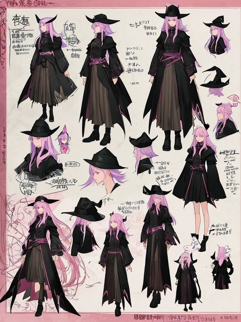 best quality, character design sheet, woman、No hat on, Black and pink hair, whole body, Head to Toe, No hat on, Wizard's Workshop Background, No hat on, front, Beautiful black dress, Black hair with pink inner color, whole body, Pure white background, from front, best quality, Beautiful black dress, Standing pose