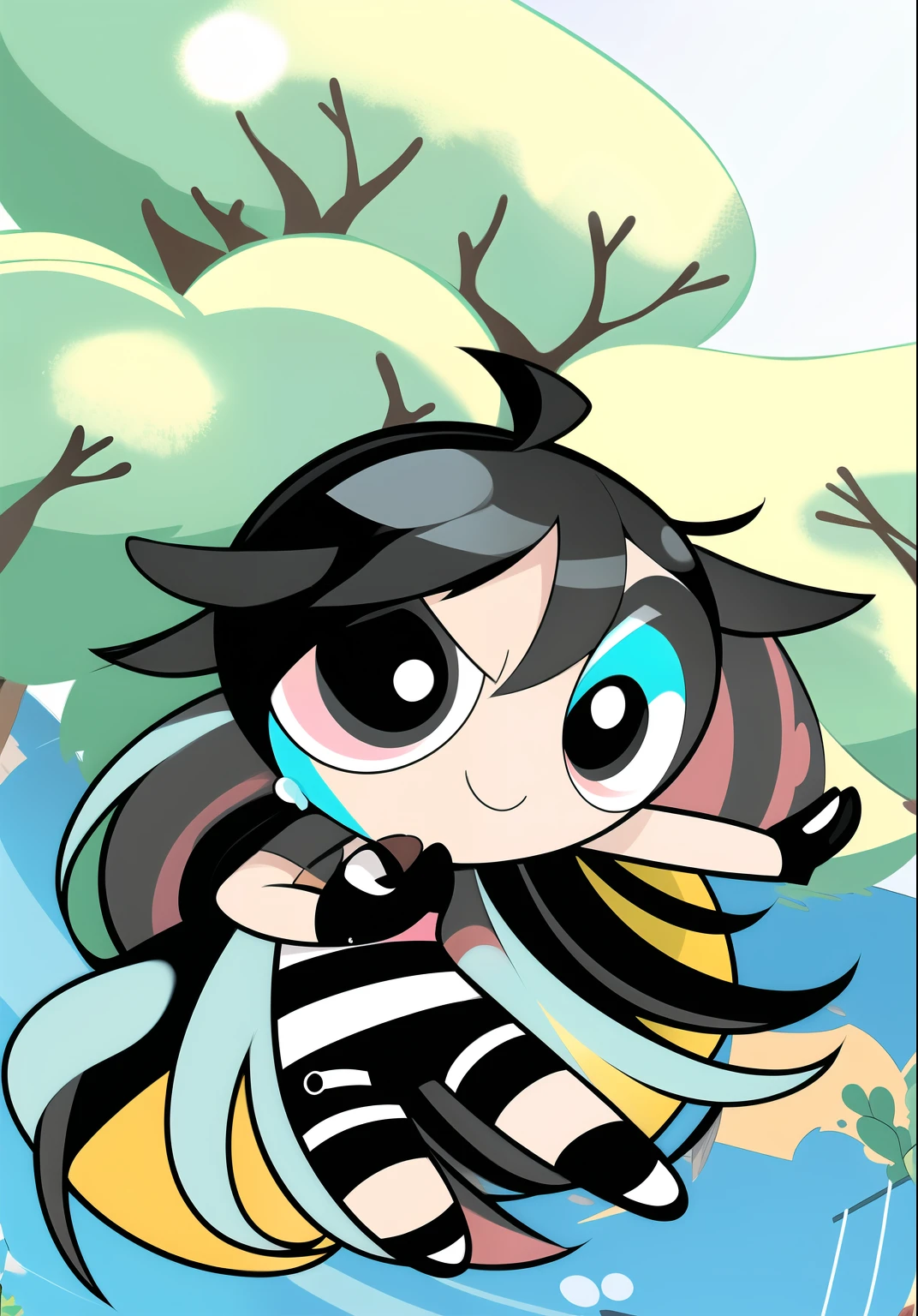 (long hair, gradient hair, black white hair), smile, chibi, 1girl, black eyes, gloves, jewelry, shorts, black shorts, asymmetrical gloves, big blossom tree background,