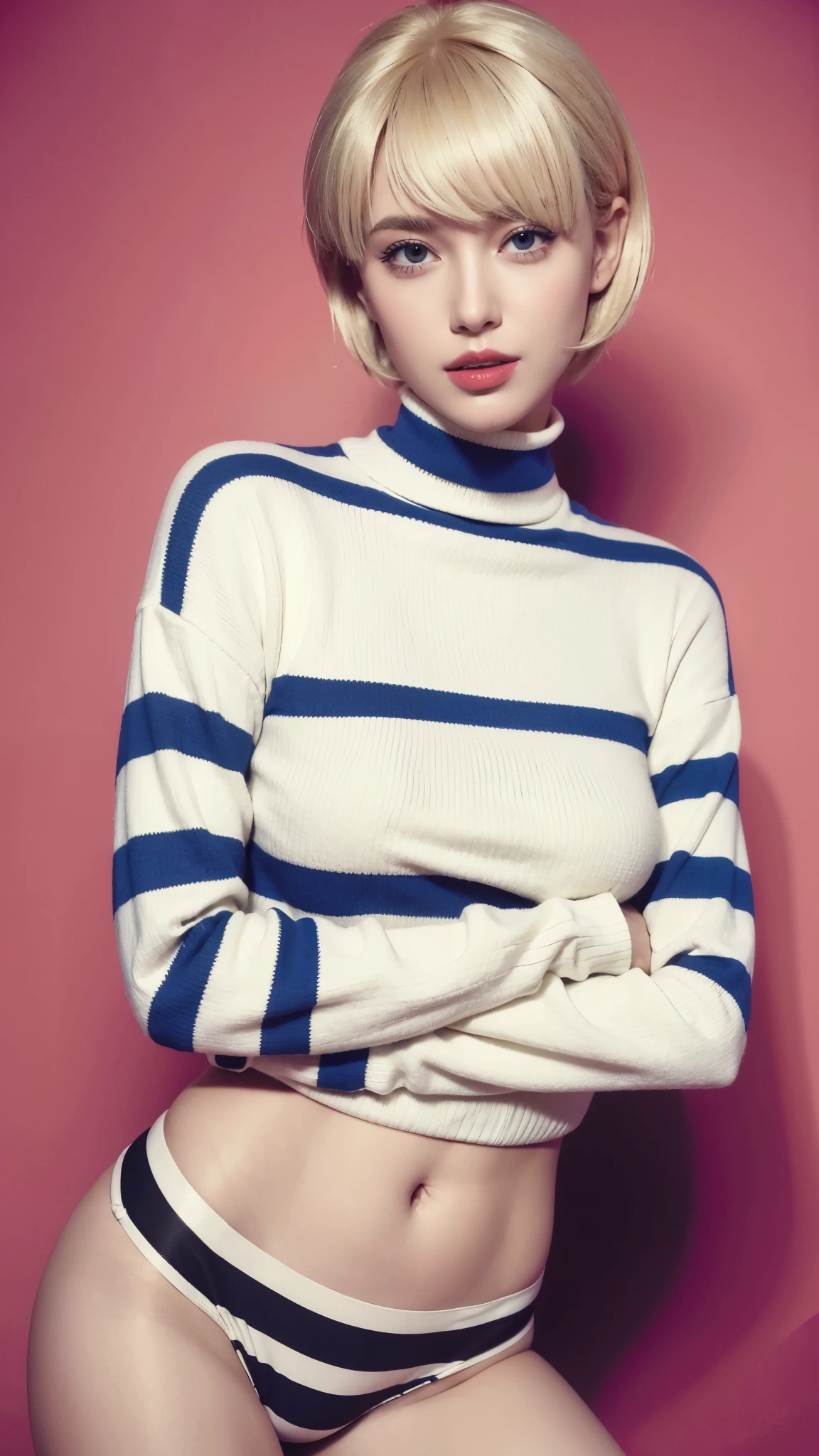 blond woman with short hair and a striped turtle neck shirt with a sexy and hot underwear, picture: Alan Linder, flickr, pop art, hair, 60's style, 60's style, Brigitte Bardot, 1960's style, 60s retro fashion, poppy, cut, medium yellow blond hair, pixie, yellow hair, sexy pose, hot and sexy girl, medium chest, beautiful eyes, red background, 에로틱한 picture, 섹시한 picture, wet and wild, NSFW