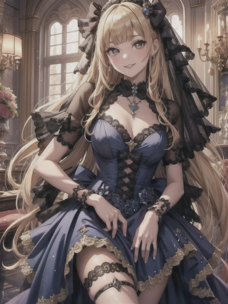 prompt: 8K resolution, Delicate features, , single, Unique pupils, smile, blonde, Princess Cut, Ribbon hair ornament, brooch, Shiny candy blue dress, Gold embroidery,Lolita Style, Gothic style, Facing the audience, Otaku Room, Female demon