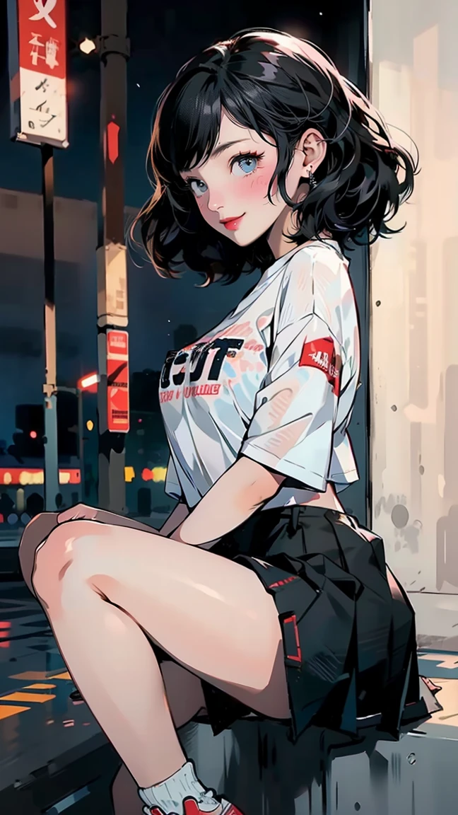 ((((highest quality)))), (((Ultra-precision CG 16K))), (((masterpiece))), (((Very detailed))), (((Extremely detailed))), (((Black outline:1.3, Written boundary depth:1.3 , Written soft outline))), Blur, Bokeh, Maximum clarity and sharpness,Multilayer Texture, Surface Shading, Cinematic lighting, Beautiful details sparkle ,Perfect Proportions, Limited to three woman, BREAK accurate, Anatomically correct, Highly detailed face and skin texture, drawn in detail, Highly detailed facial and skin texture, Detailed eyes, beautiful hair, Beautiful Japanese Idol face, Beautiful and beautiful eyes, Beautiful body, Beautiful breasts, Beautiful thighs, Beautiful legs, Beautiful fingers, (Beautiful views) , skinny body, ((Beautiful Skin)), ((Skin Texture)) BREAK breast enlarged, huge Breasts, rocket breasts, (((perky breasts))), covered nipples ,slender waist, (blush, determined expression, Heavy breathing,) BREAK (((no-bra, wearing oversized t-shirt and black inner wear, sportswear, low rise, mini-skirt with slits, no-sleeve, breast is covered by outfit))) , wearing earrings, BREAK ( stick breast out),((( a woman sitting on steps of the school:1.3, stretching out, from side , from below, looking at viewer, close up face))),