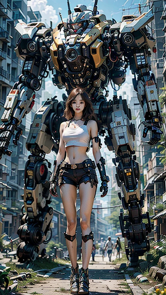 ((masterpiece, best quality)),illustration,ultra detailed 8k,photorealistic,sharp focus,highly detailed,professional lighting,colorful details,iridescent colors BREAK extreme long shot of a factory,large mechanical robot construction,microchip,computer,glowing,intricate details,shitu-mecha,1girl is standing in front of the audience,Navel
