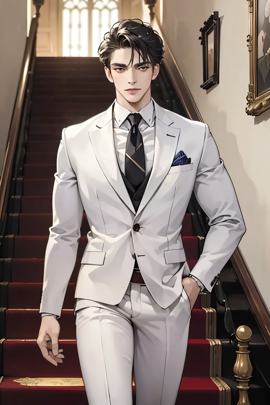 ((best quality)), ((masterpiece)), (detailed), A handsome man in a white suit，A bodyguard in dark clothes，Two people walked up the stairs of the villa to the living room，Perfect face perfect hands