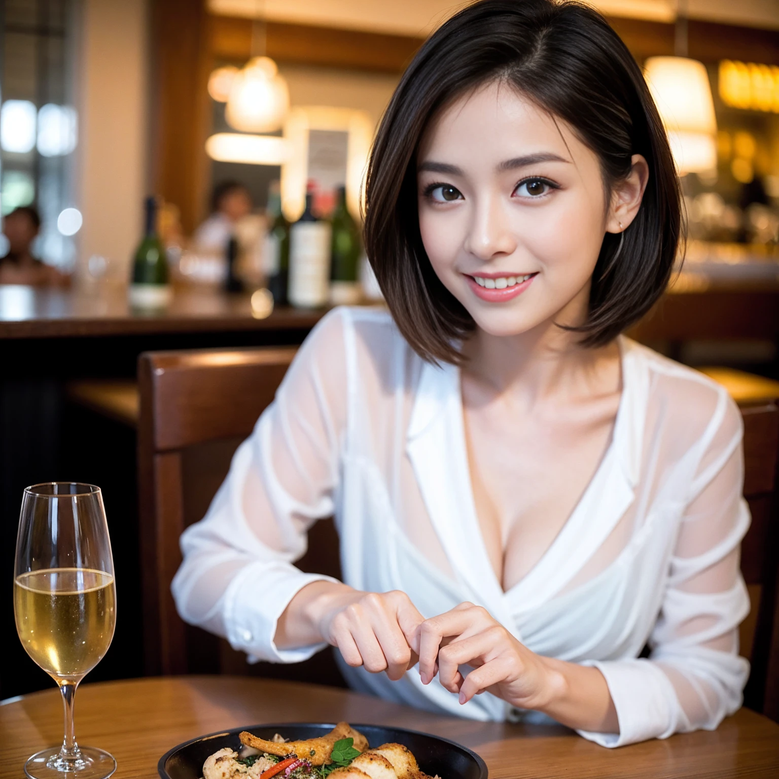 ((Highest quality、8K、masterpiece:1.3))、Yuuko Araki、slimカップル、Pink rubber、modelカップル、(Realistic, Intricate details:1.2), full-course dinner、Wine Party、Amazing view of the sunset sky and clouds、A bright smile、The wonderfulness of smile、Bright image、The beauty of wine, Beautiful Face, blue eyes, The light shines on your face, Blushing, short hair,Bright Face、 (Age 37), 39 years old, red wine 、Appetizers、Italian food、Wine bottle、Champagne、sparkling wine、Two beauties、Brown Hair、Shortcuts、Long sleeve shirt、dress、Beautiful woman 1, (slimな顔), (The body is slim), (Brown Hair), (Shortcuts), cheeks turn a little red,Attractive beauty、restaurant, In a prominent place (From the waist up) Nova Frog Style, actress, model, Upper Body, White wine, slim, wine glass, 中央に置かれたwine glass, smile, (smile: 1.15), Beautiful fine grain, Depth f/2,saturation, High Contrast, Strong light and shadow,Moist Body:1.5、3D texture、Delicate eyes、Brown Hair、The hair is very shiny、