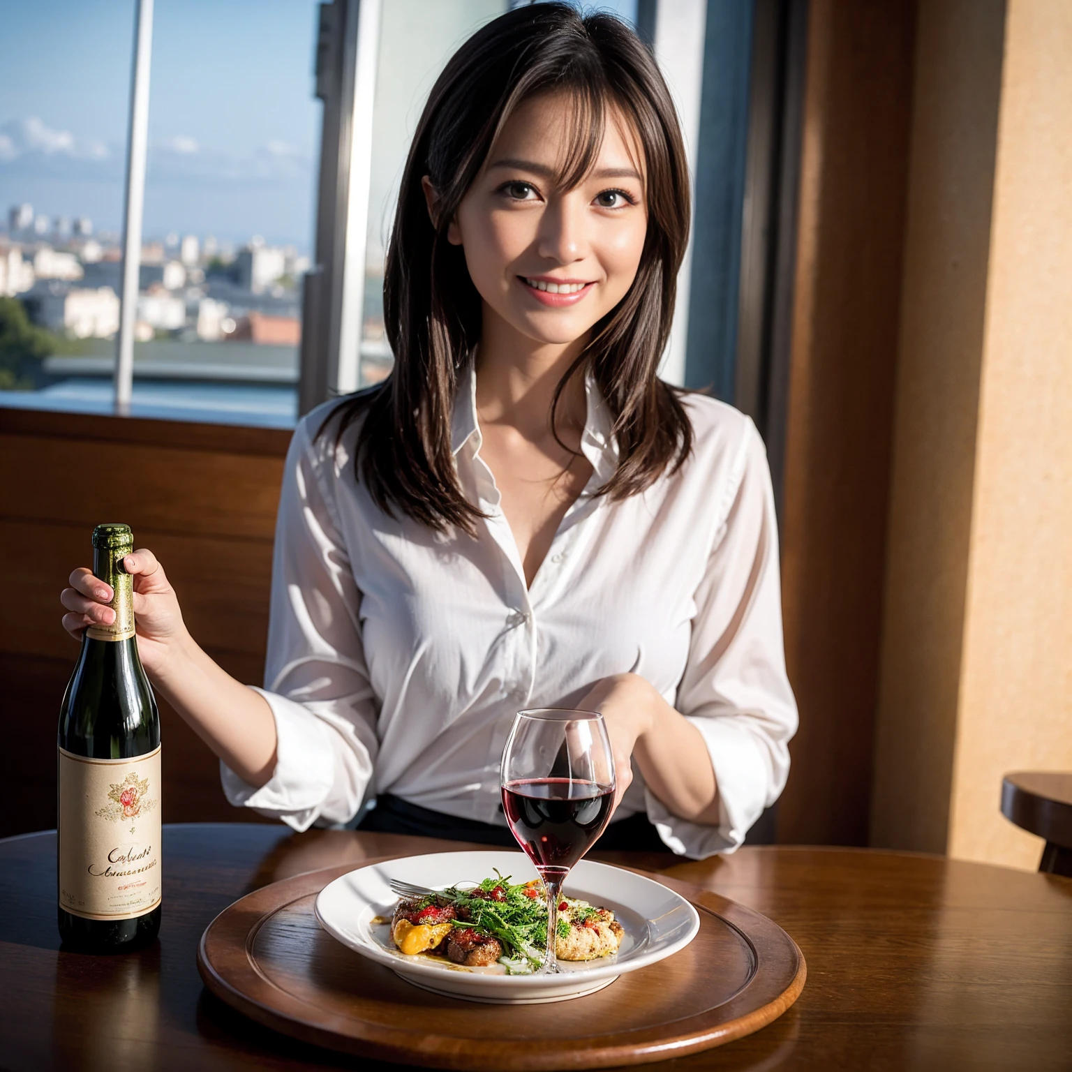 ((Highest quality、8K、masterpiece:1.3))、Yuuko Araki、slimカップル、Pink rubber、modelカップル、(Realistic, Intricate details:1.2), full-course dinner、Wine Party、Amazing view of the sunset sky and clouds、A bright smile、The wonderfulness of smile、Bright image、The beauty of wine, Beautiful Face, blue eyes, The light shines on your face, Blushing, short hair,Bright Face、 (Age 37), 39 years old, red wine 、Appetizers、Italian food、Wine bottle、Champagne、sparkling wine、Two beauties、Brown Hair、Shortcuts、Long sleeve shirt、dress、Beautiful woman 1, (slimな顔), (The body is slim), (Brown Hair), (Shortcuts), cheeks turn a little red,Attractive beauty、restaurant, In a prominent place (From the waist up) Nova Frog Style, actress, model, Upper Body, White wine, slim, wine glass, 中央に置かれたwine glass, smile, (smile: 1.15), Beautiful fine grain, Depth f/2,saturation, High Contrast, Strong light and shadow,Moist Body:1.5、3D texture、Delicate eyes、Brown Hair、The hair is very shiny、