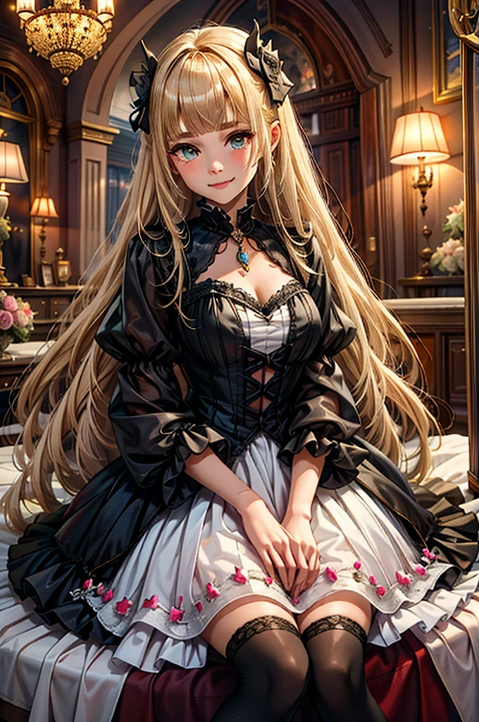 prompt: 8K resolution, Delicate features, , single, Unique pupils, smile, blonde, Princess Cut, Ribbon hair ornament, brooch, Shiny candy blue dress, Gold embroidery,Lolita Style, Gothic style, Facing the audience, Otaku Room, Female demon