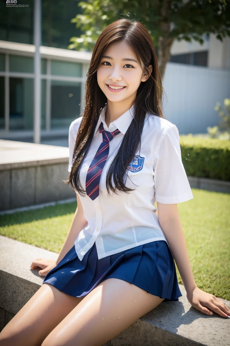 (8K), (Best Quality: 1.2), (Realistic), (Photorealistic: 1.37), Ultra High Definition, 1 Girl, Cute, Smile, Closed Mouth, Beautiful Details, Beautiful Nose, Full Body, Wet Hair, Colossal Dalsefo, Pork, School Uniform, Thighs