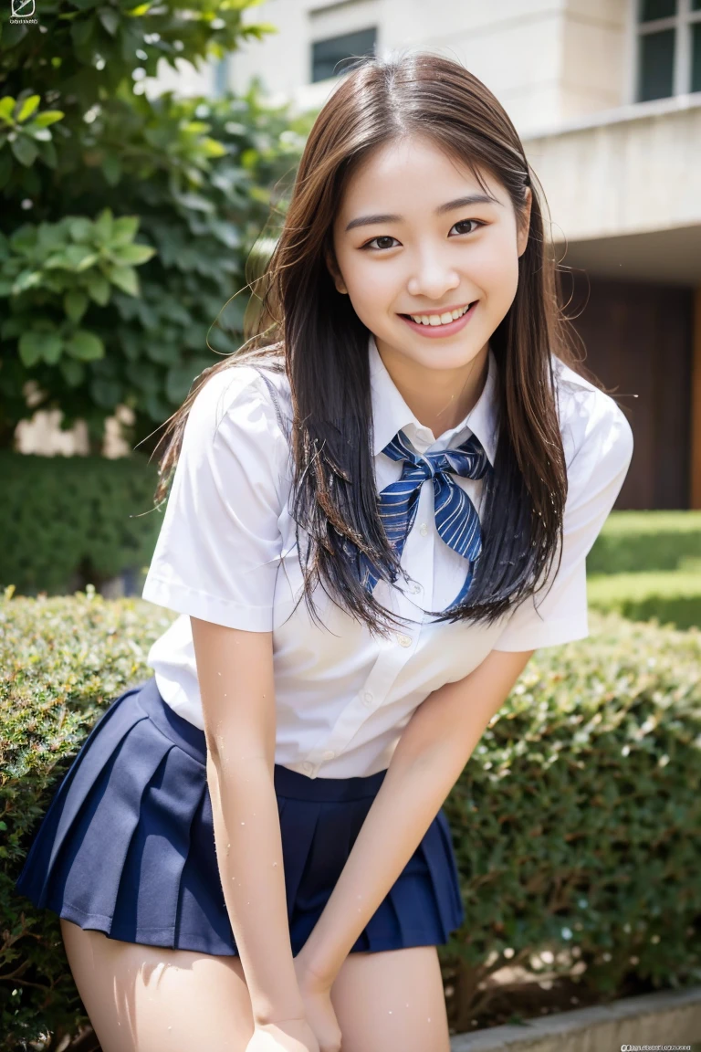 (((full bodyesbian)))、((Girls' High School Uniforms))、((1a person))、ponytail、short-hair、Close to the subject、((a school flower beds)))、(((ssmile)))、(((Girls' High School)))、((a beauty girl))、((sexy pose))、Photorealsitic、Beautiful detailed eyes、Hyper-Realism、highcontrast、Ultra HD、realistic skin textures、Top image quality、top-quality、超A high resolution、Fine details、Very meticulously、well-endowed round bosom