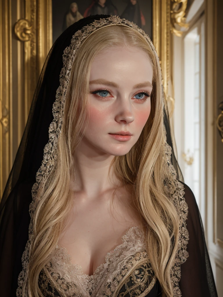 a blonde woman  dress and a black veil, in a high renaissance style, portrait , baroque portrait, in a renaissance style, realistic renaissance portrait,, inspired by Jean-Étienne Liotard, in renaissance style, renaissance portrait, porcelain pale skin, baroque hair