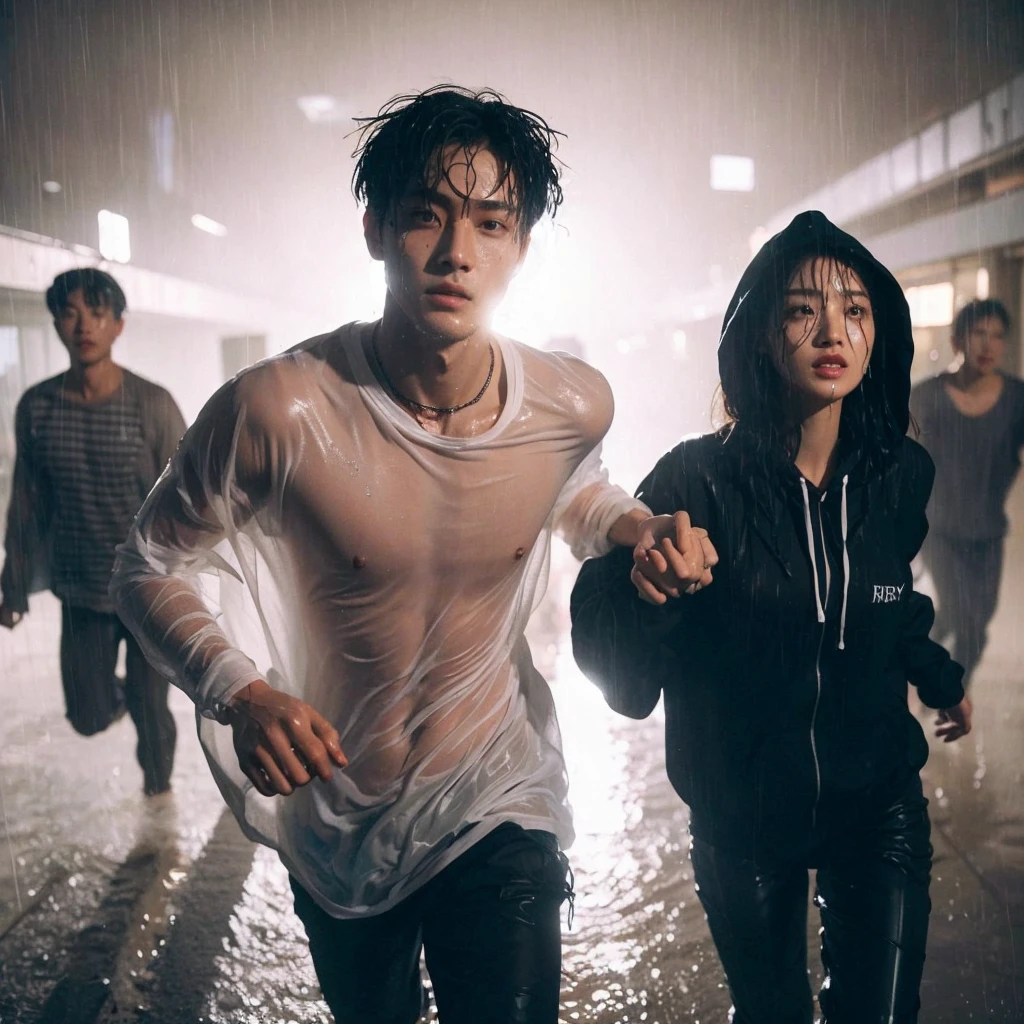 Wide shoot, full shoot, Best picture quality, ultra high resolution, (fidelity :1.4), photo, korean couple, there is man is running in front and pull the hand the woman behind him,(happyness), white shirt black hoodie, Dim, gust wind, dark, (afternoon), (Wet clothes:1.4), looking the camera, perfect faces, bare shoulders, Real rain, wet hair, cinematic, god rays, ray tracing, reflection light, Expressionism, Realism, masterpiece, highres, 16k, textured skin, anatomically correct