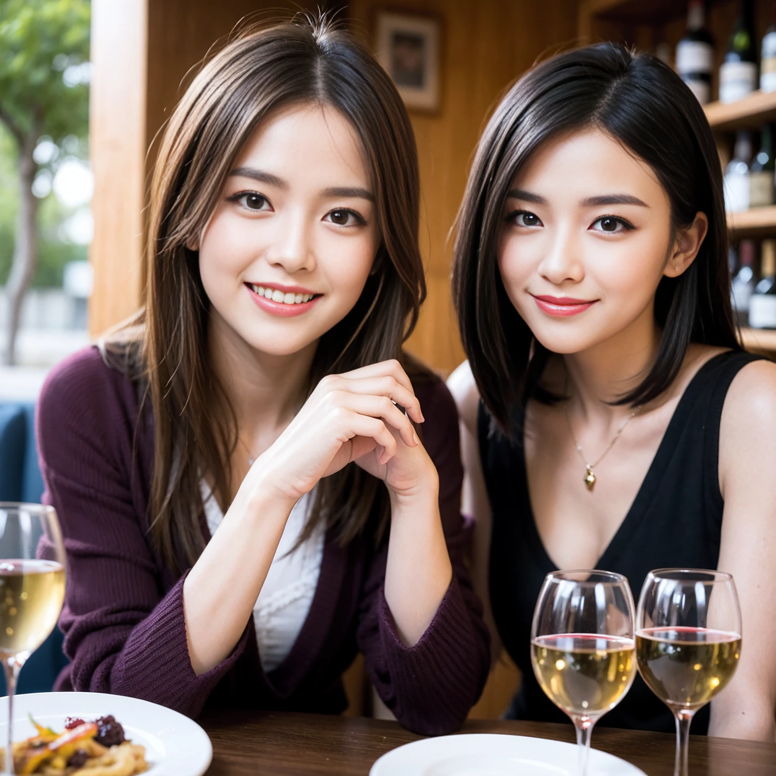 ((Highest quality、8K、masterpiece:1.3))、slimカップル、Pink rubber、modelカップル、(Realistic, Intricate details:1.2), full-course dinner、Wine Party、Amazing view of the sunset sky and clouds、A bright smile、The wonderfulness of smile、Bright image、The beauty of wine, Beautiful Face, blue eyes, The light shines on your face, Blushing, short hair,Bright Face、 (Age 37), 39 years old, red wine 、Appetizers、Italian food、Wine bottle、Champagne、sparkling wine、Two beauties、Brown Hair、Shortcuts、Long sleeve shirt、dress、actress, model, Upper Body, White wine, slim, wine glass, 中央に置かれたwine glass, smile, (smile: 1.15), Beautiful fine grain, Depth f/2,saturation, High Contrast, Strong light and shadow,Moist Body:1.5、3D texture、Delicate eyes、Brown Hair、The hair is very shiny、