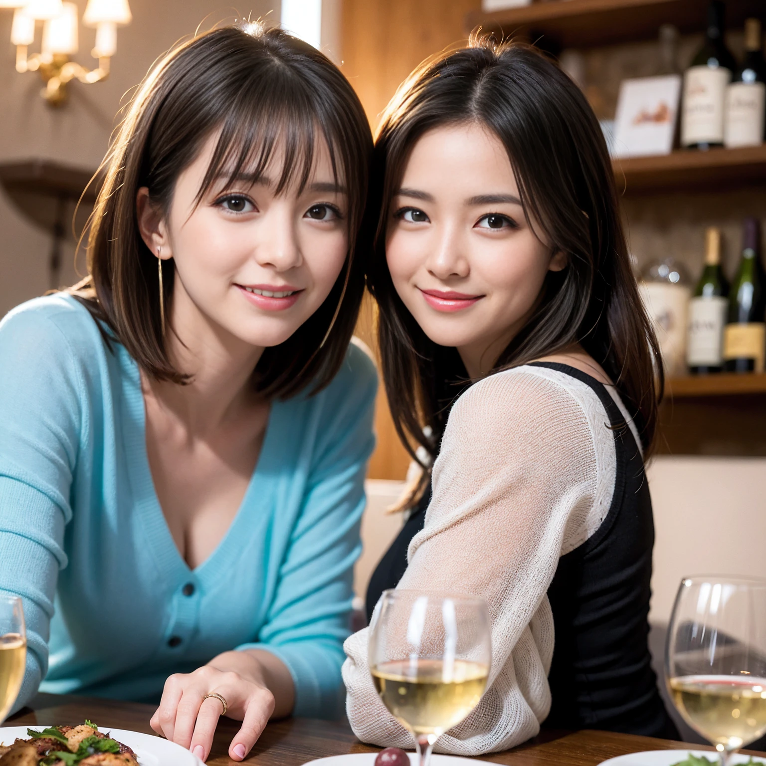 ((Highest quality、8K、masterpiece:1.3))、slimカップル、Pink rubber、modelカップル、(Realistic, Intricate details:1.2), full-course dinner、Wine Party、Amazing view of the sunset sky and clouds、A bright smile、The wonderfulness of smile、Bright image、The beauty of wine, Beautiful Face, blue eyes, The light shines on your face, Blushing, short hair,Bright Face、 (Age 37), 39 years old, red wine 、Appetizers、Italian food、Wine bottle、Champagne、sparkling wine、Two beauties、Brown Hair、Shortcuts、Long sleeve shirt、dress、actress, model, Upper Body, White wine, slim, wine glass, 中央に置かれたwine glass, smile, (smile: 1.15), Beautiful fine grain, Depth f/2,saturation, High Contrast, Strong light and shadow,Moist Body:1.5、3D texture、Delicate eyes、Brown Hair、The hair is very shiny、