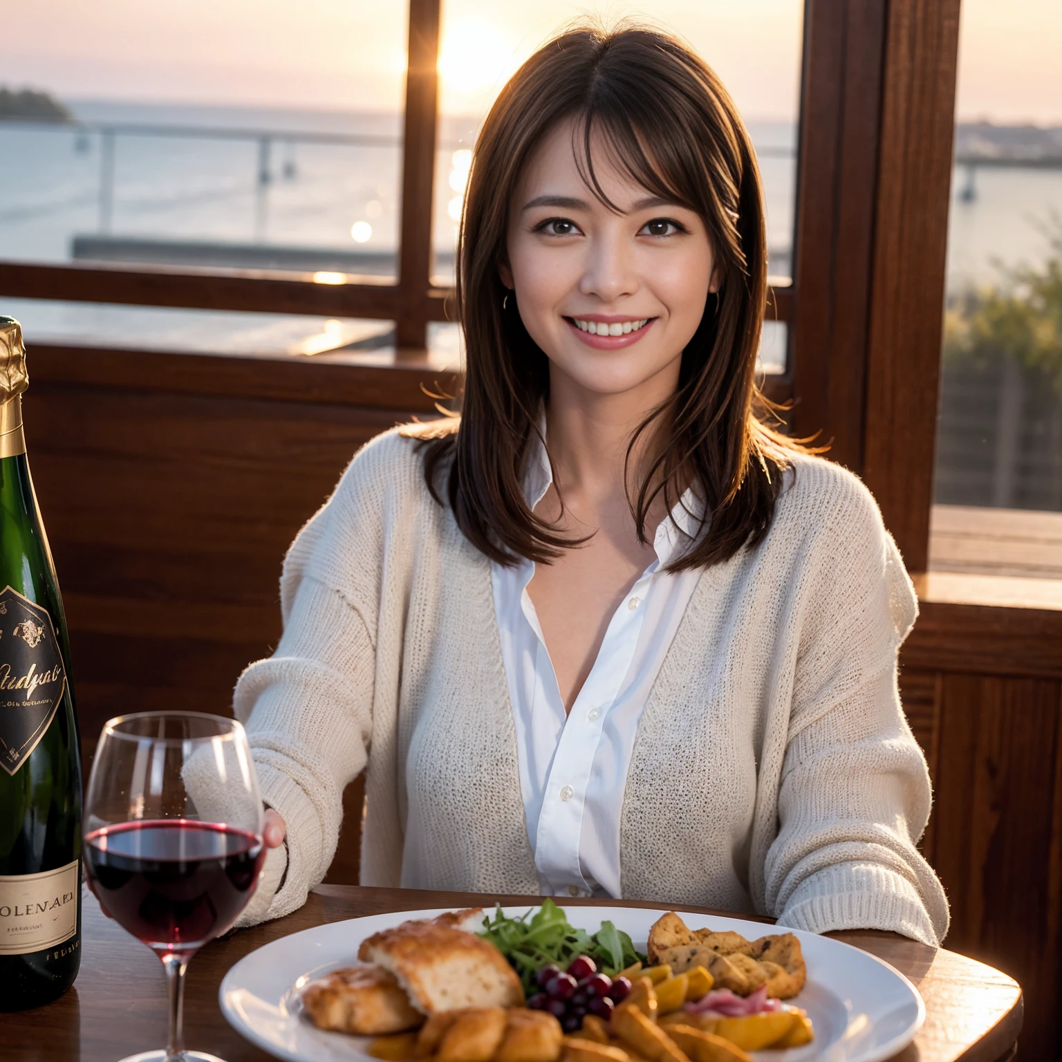 ((Highest quality、8K、masterpiece:1.3))、slimカップル、Pink rubber、modelカップル、(Realistic, Intricate details:1.2), full-course dinner、Wine Party、Amazing view of the sunset sky and clouds、A bright smile、The wonderfulness of smile、Bright image、The beauty of wine, Beautiful Face, blue eyes, The light shines on your face, Blushing, short hair,Bright Face、 (Age 37), 39 years old, red wine 、Appetizers、Italian food、Wine bottle、Champagne、sparkling wine、Two beauties、Brown Hair、Shortcuts、Long sleeve shirt、dress、actress, model, Upper Body, White wine, slim, wine glass, 中央に置かれたwine glass, smile, (smile: 1.15), Beautiful fine grain, Depth f/2,saturation, High Contrast, Strong light and shadow,Moist Body:1.5、3D texture、Delicate eyes、Brown Hair、The hair is very shiny、