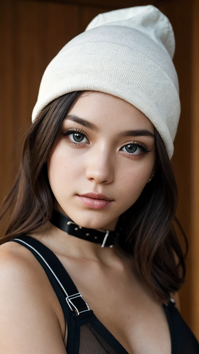 1 woman,Thoroughness, analog style, eye focus, best quality, (very detailed skin), Photo of an exquisitely beautiful pale skin punk Dutch girl, 21 years old, (Wearing Harness, and beanie), perfect face, alluring eyes, [Seductive makeup], skin pores, (piercing:0.5), inside, Messy bedroom, (bokeh:0.6), sharp focus, dappled lighting, (backlight:0.7), film grain, Sony A7R IV로 촬영, 18mmF/1.7 Cine Lens, (very detailed, intricately detailed), 8K, HDR, Posing seductively, front view, (upper body:0.9)