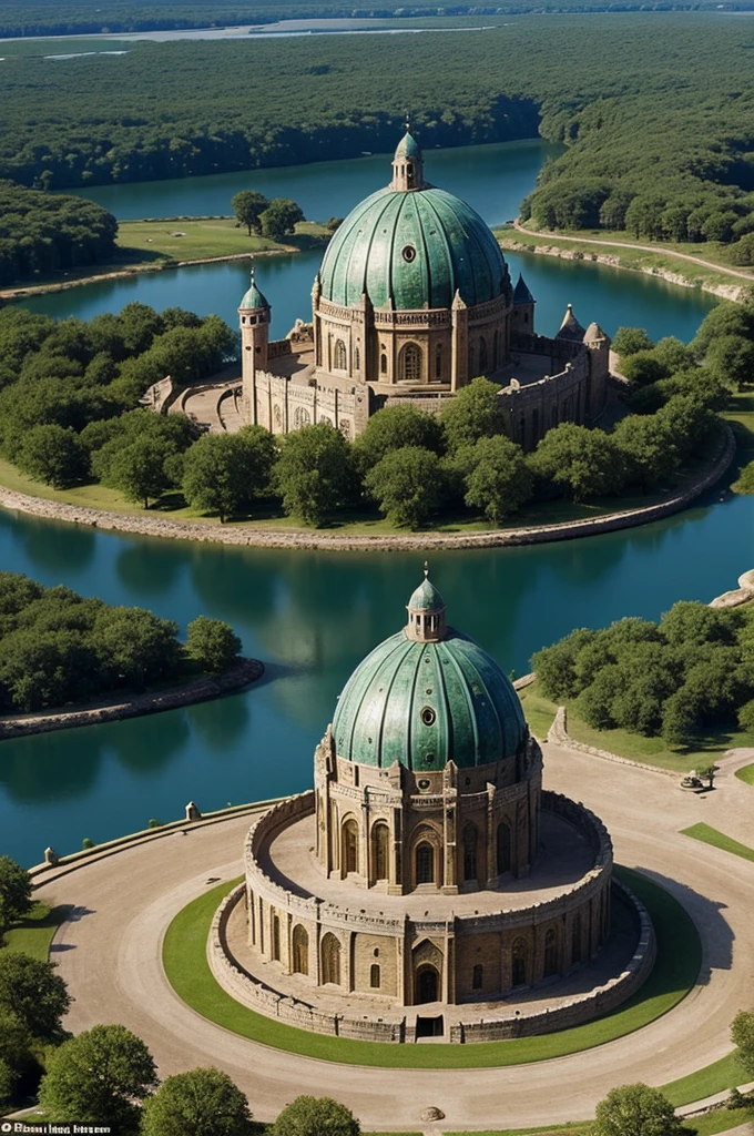 A dome made of stone that has a lake in the middle and the structure is inspired by howarts from the movie Harry Potter that is round in shape 