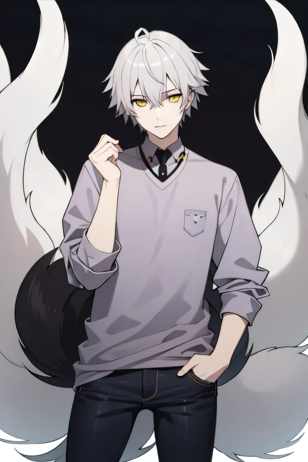 Cool guy,Beautiful youth, Silver Hair, Yellow Eyes, Wolf hair, Long, narrow eyes, Purple Shirt,Black damaged jeans, White Background, Dog Pose, Raise your shoulders, Flying black heart,high quality, Draw Amount, Pixiv illustration