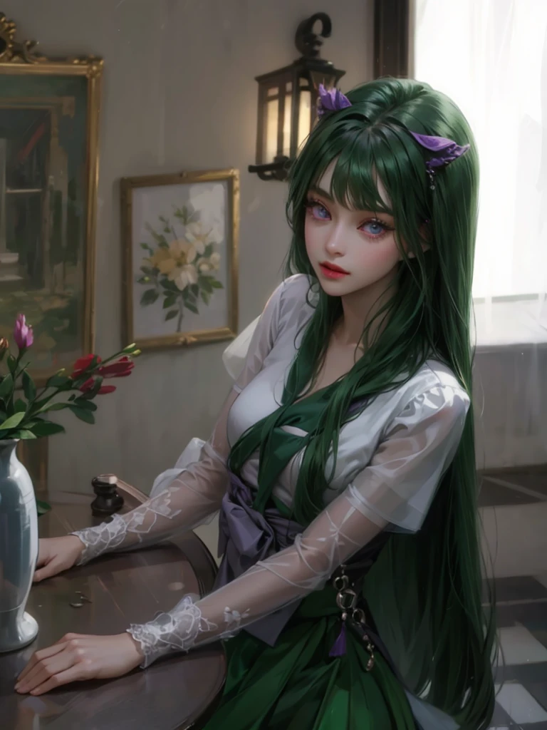 Green Hiar, purple eyes, pretty girl, Best Quality, 