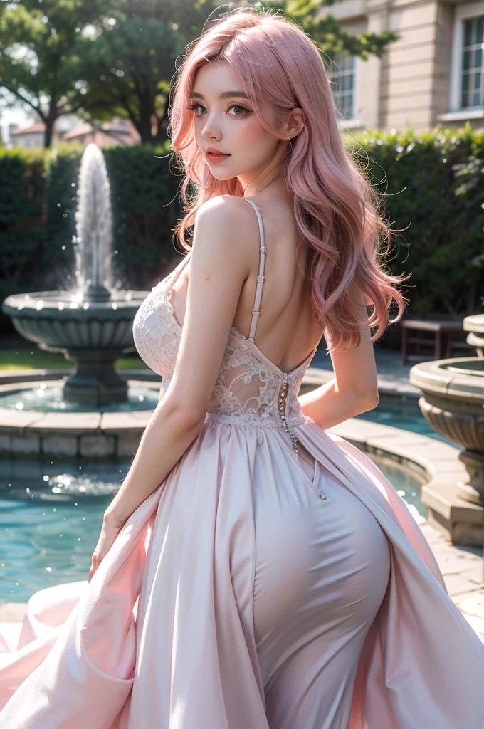 Light pink hair, Pink Eyes,blue wedding dress,Wavy Hair,Large Breasts,Big Ass,fountain
