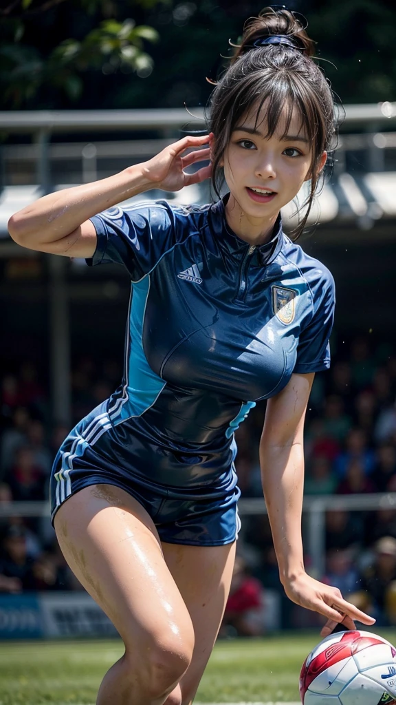 Highest quality, High resolution:1.2, Very detailed, Realistic:1.3, ((Beautiful woman))、((Super tight uniform))、((Big Breasts))、Vibrant colors, play soccer,((Blunt bangs))、Various Hair Styles、Different hair colors、With bangs、Wet Hair, concentrate, splash, Action Shots, Grass blotches, Muddy ground, Wet turf, decide, Fast-paced games, Athletic physique, Shiny soccer ball, Wet Uniform, raindrop, Blurred motion, ボールにconcentrateする, Intense competition, Skillful dribbling, Energetic play, Teamwork, powerful shoots, Wet pitch, Passionate sports, Fierce decide, Humid atmosphere, Fluid movement, emotional expression、Dramatic lighting, Women's Sports, Avid athletes, Exciting Games, Endure, Excited state, Speed and agility, Energetic play, 濡れたsplash、smile、Red Uniform