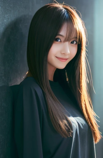Skinny Japanese woman, Long silky straight hair, wear (Long sleeve T-shirt:1.3), Standing in a dark room. The walls are painted a soft white. Realistic, Realistic, high quality, Raw photo, Detailed Background, Very detailed, Sharp focus, High resolution, 8K, 超High resolution, Digital SLR, Realistic eyes, Perfect Eyes,Smiling a little、Showing from head to toe、The light is shining beautifully on her hair.
