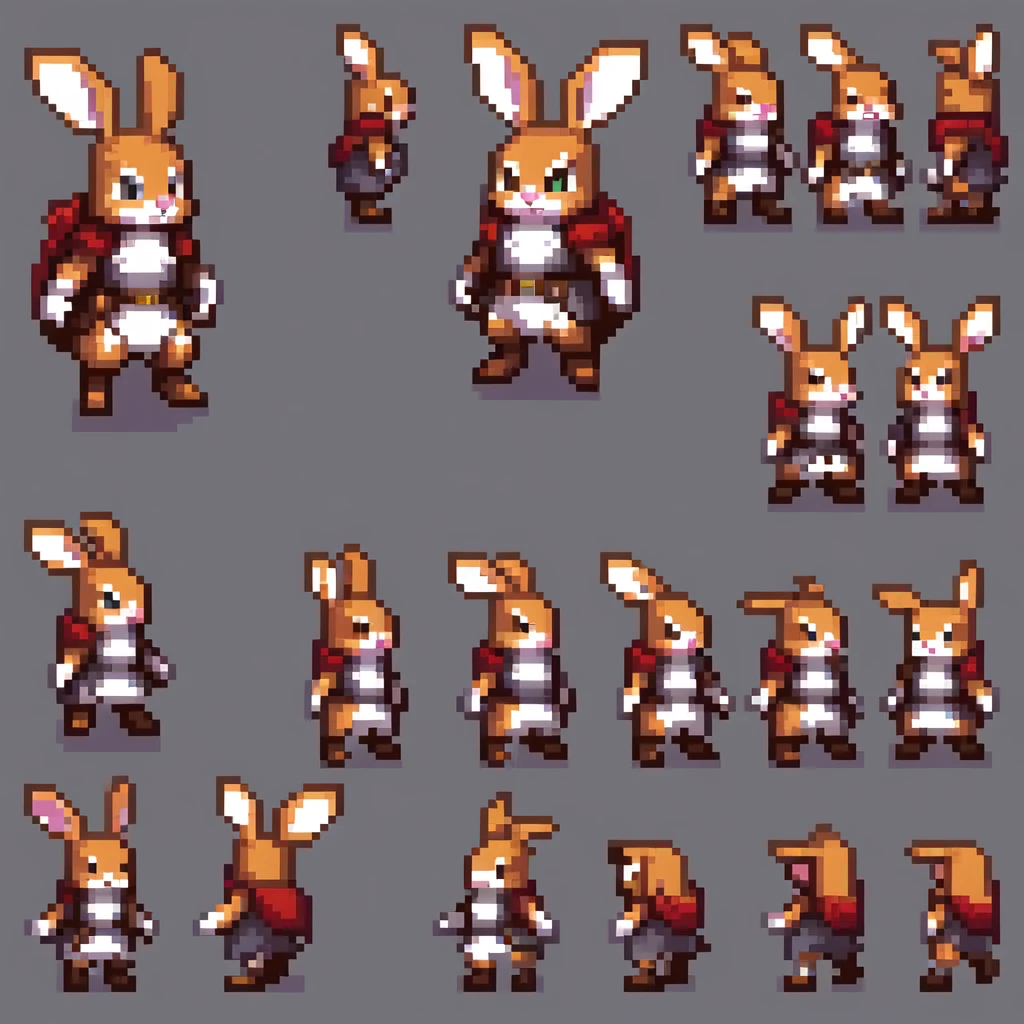 Pixel art, Create an original character design sheet, main character, anthropomorphic rabbit, missing left paw, rusty claw hand, adventurer's outfit, balanced appearance, ((3 views, whole body, multiple poses)), side view spritesheet, action pose, cute, highest quality, detailed, roguelike, dungeon crawler, Famicom style, multiple outfits, bold colors