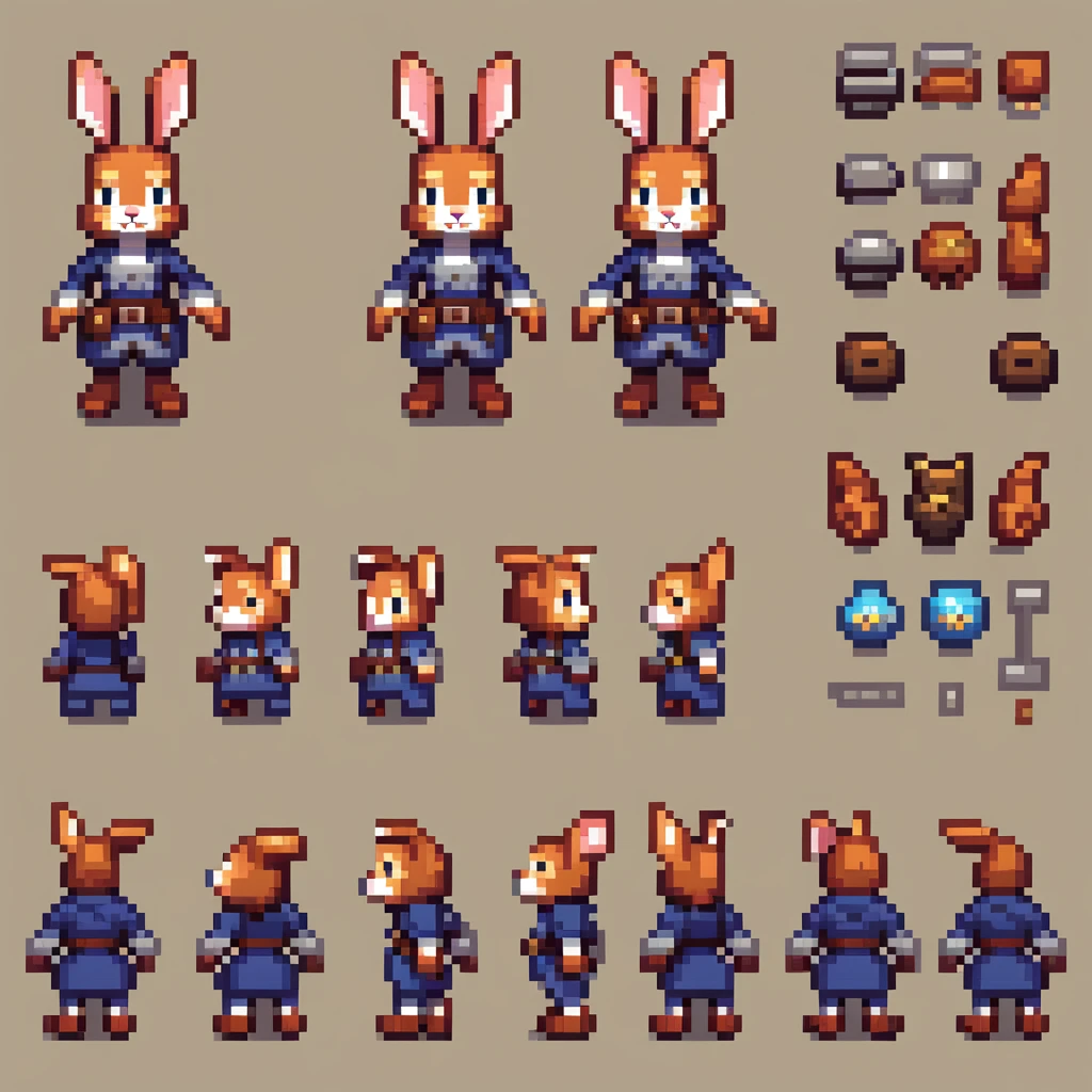 Pixel art, Create an original character design sheet, main character, anthropomorphic rabbit, missing left paw, rusty claw hand, adventurer's outfit, balanced appearance, ((3 views, whole body, multiple poses)), side view spritesheet, action pose, cute, highest quality, detailed, roguelike, dungeon crawler, Famicom style, multiple outfits, bold colors